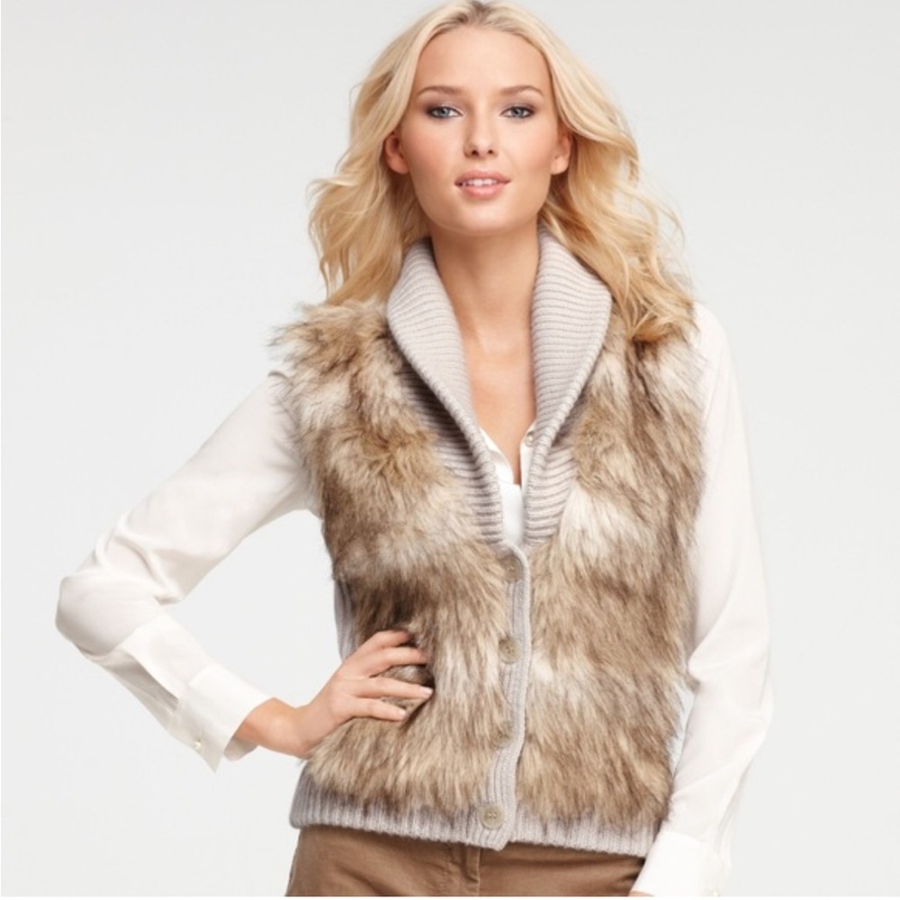 Ann Taylor Wool Cashmere Cable Knit Sweater Vest Size Medium Tan Beigeβ Faux Fur